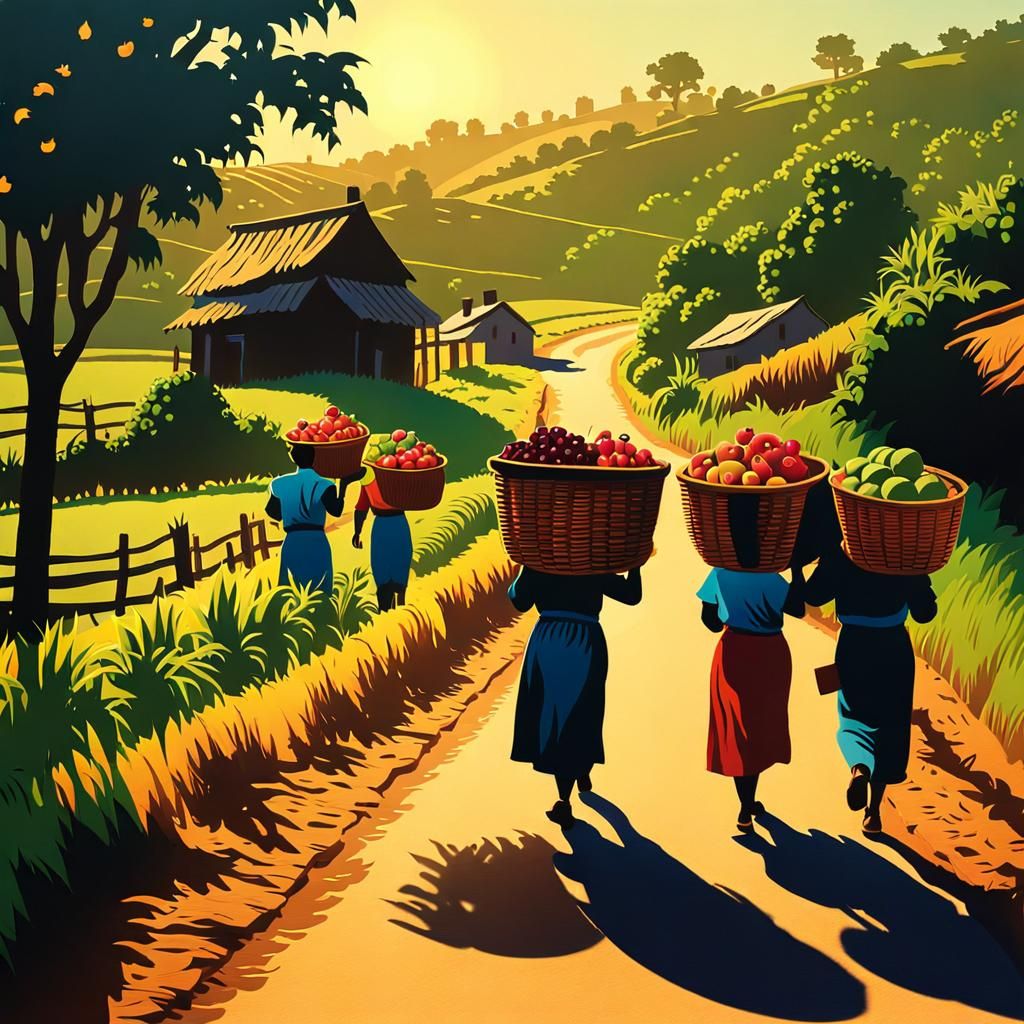 Fruit Sellers on Rural Road in Naive Folk Art