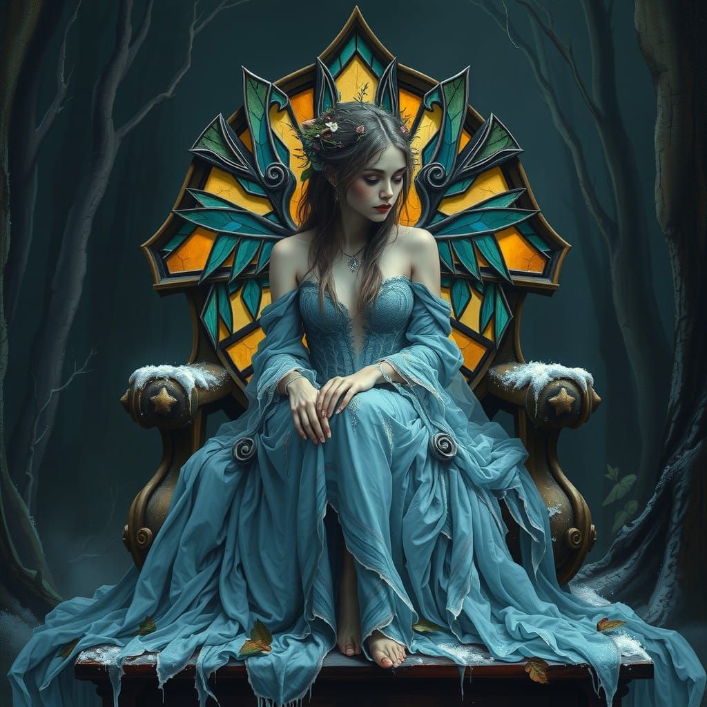 Ethereal Winter Fairy Queen in Ominous Stained Glass Haze