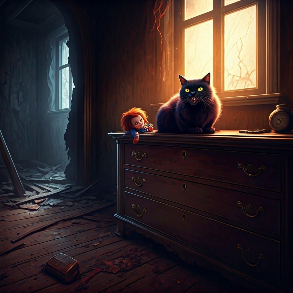 Menacing Black Cat Possessed by Chucky, Dark Fantasy Art