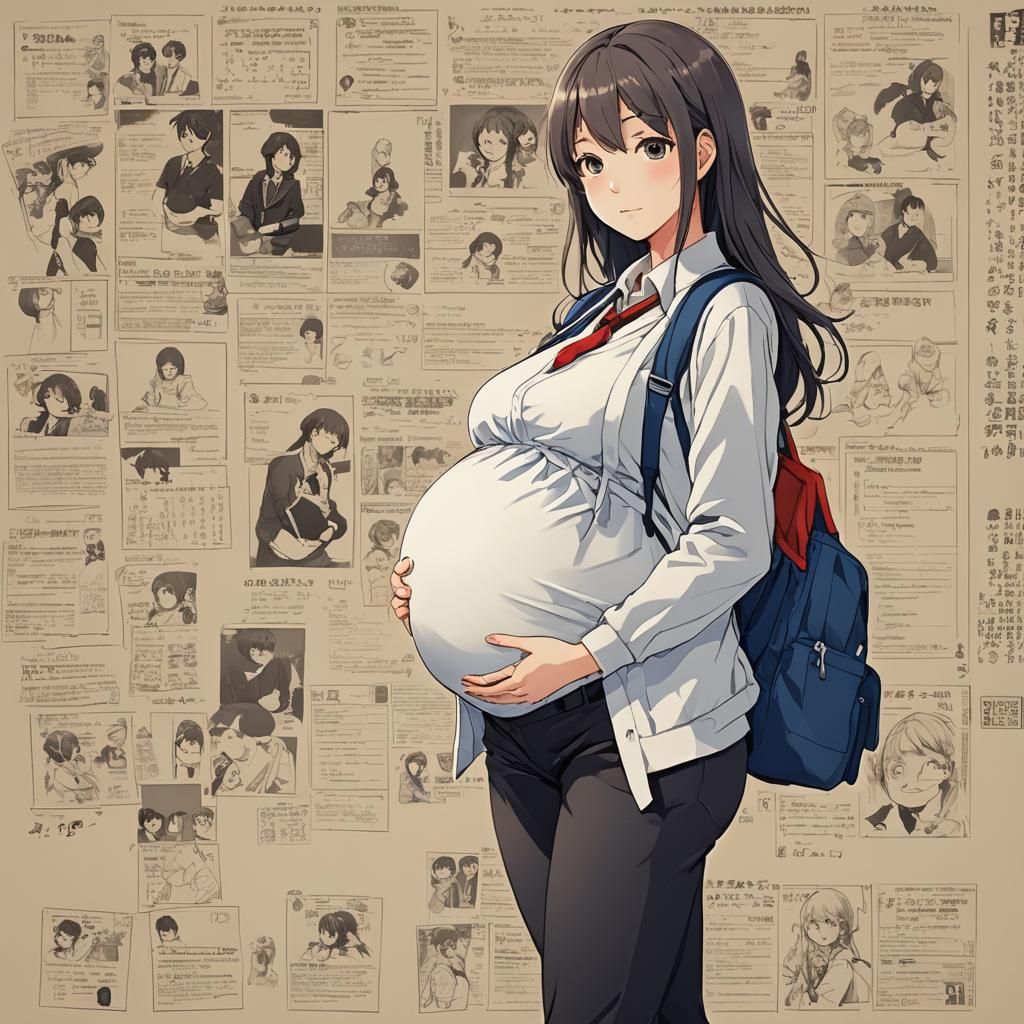 Pregnant Anime Student in Manga Key Visual Style