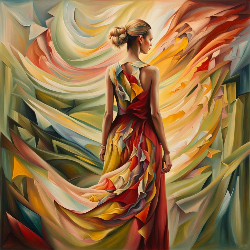 Surreal Woman in Abstract Landscape, Impressionist Oil Paint...