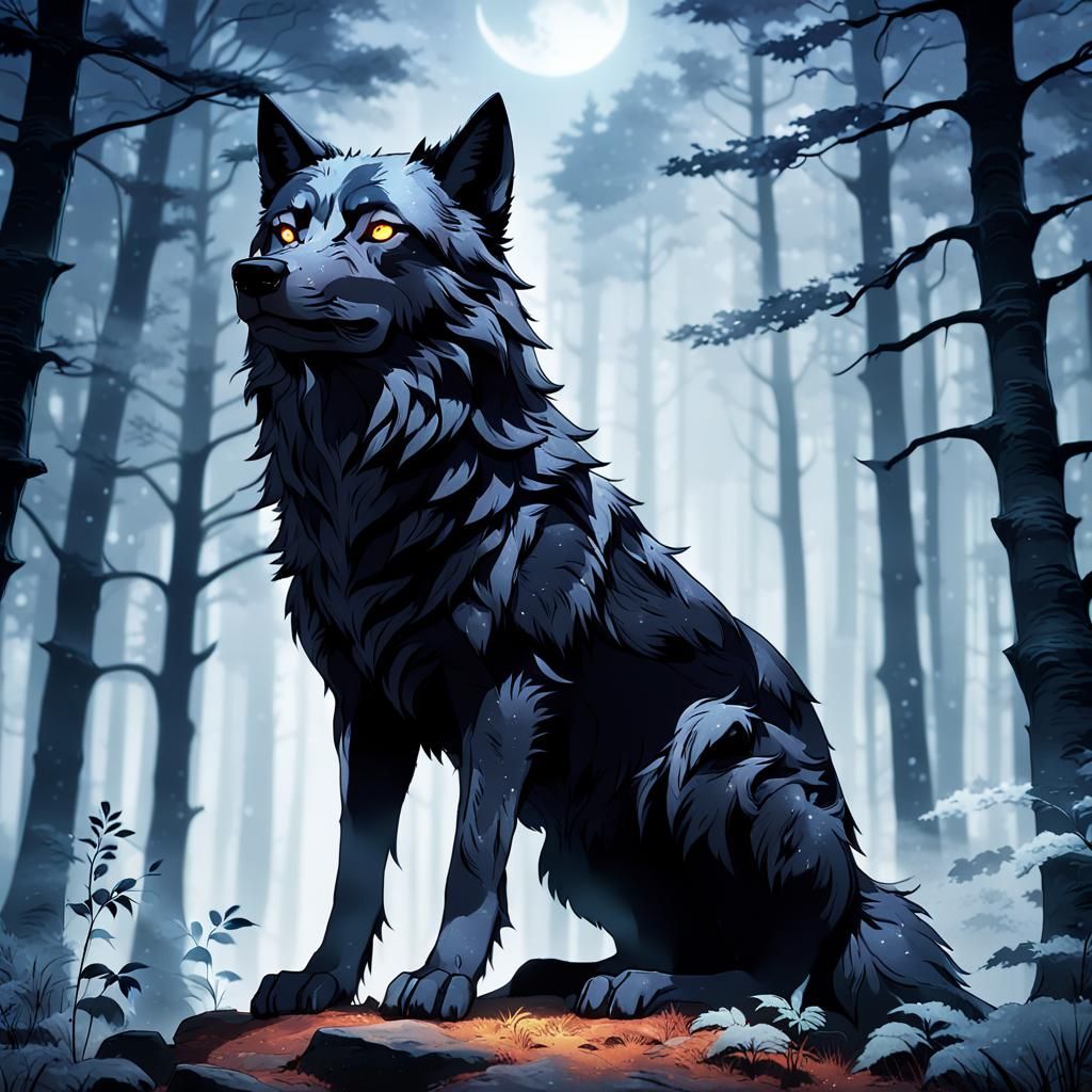 Ethereal Wolf in Moonlit Forest: 3D Anime Art