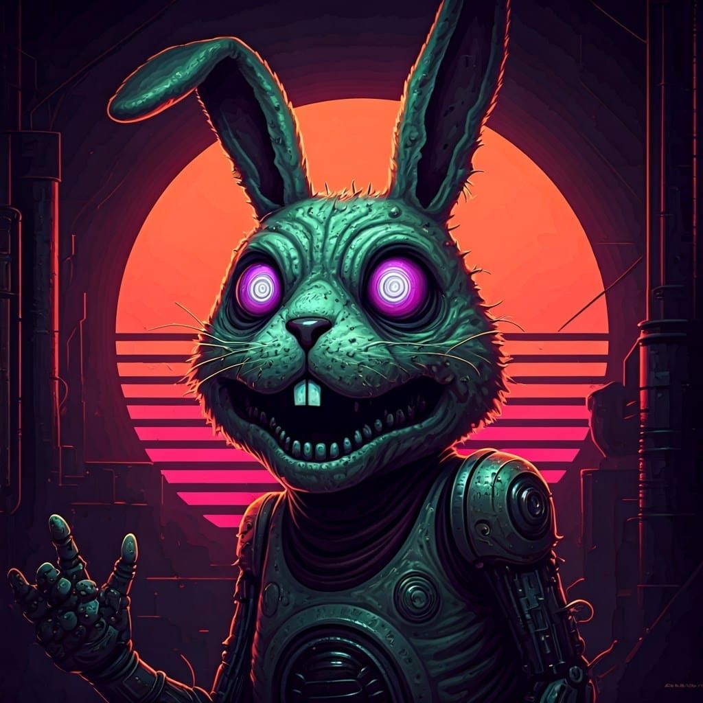 Cybernetic Rabbit in Dark Retro-Futuristic Hellscape