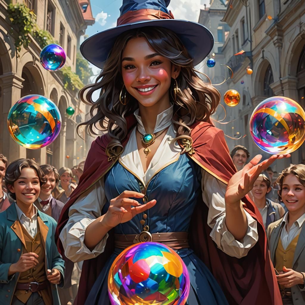Youthful Wizard Levitates Vibrant Ball in Whimsical Scene