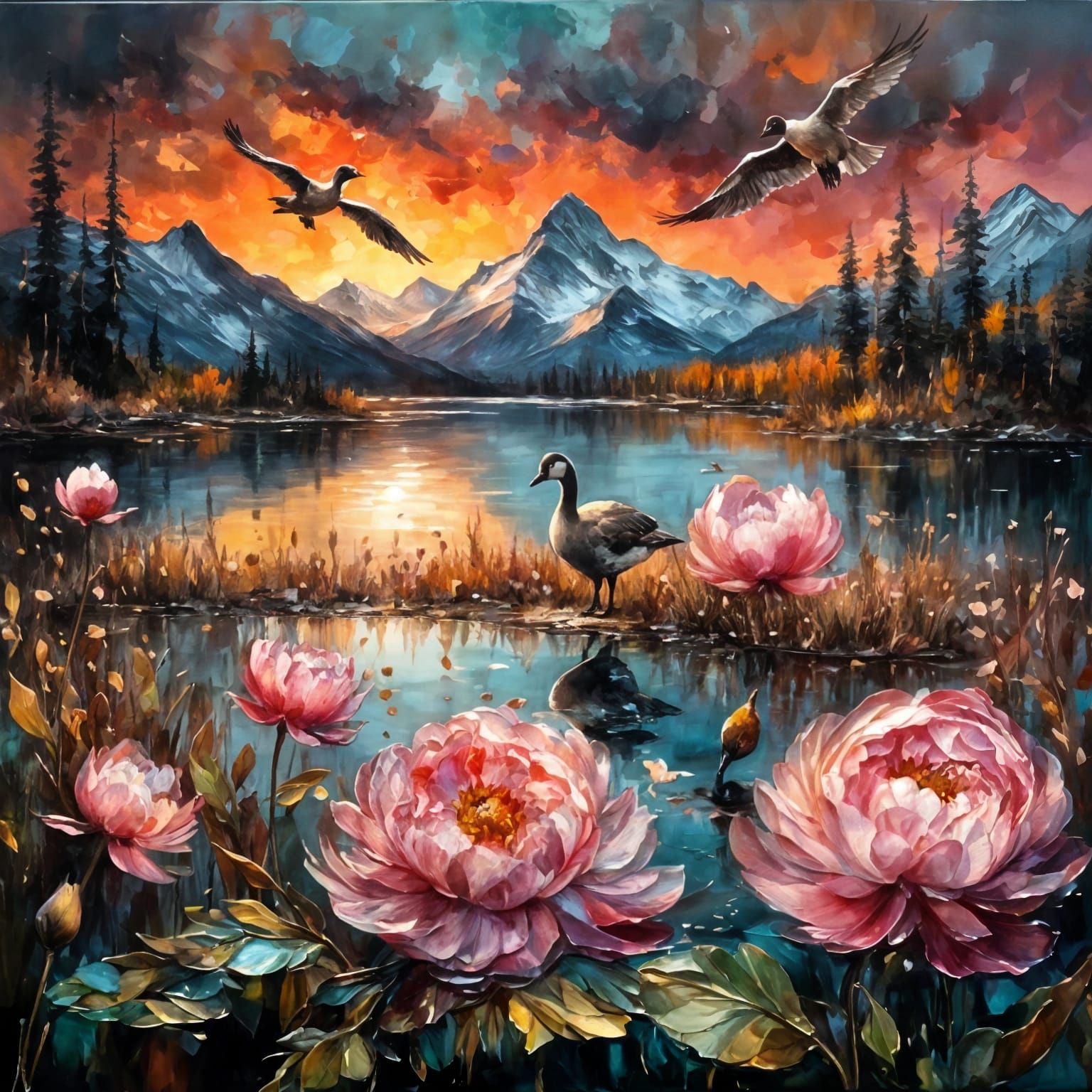 Crystal Peony Mountain Lake with Geese, Impasto Oil