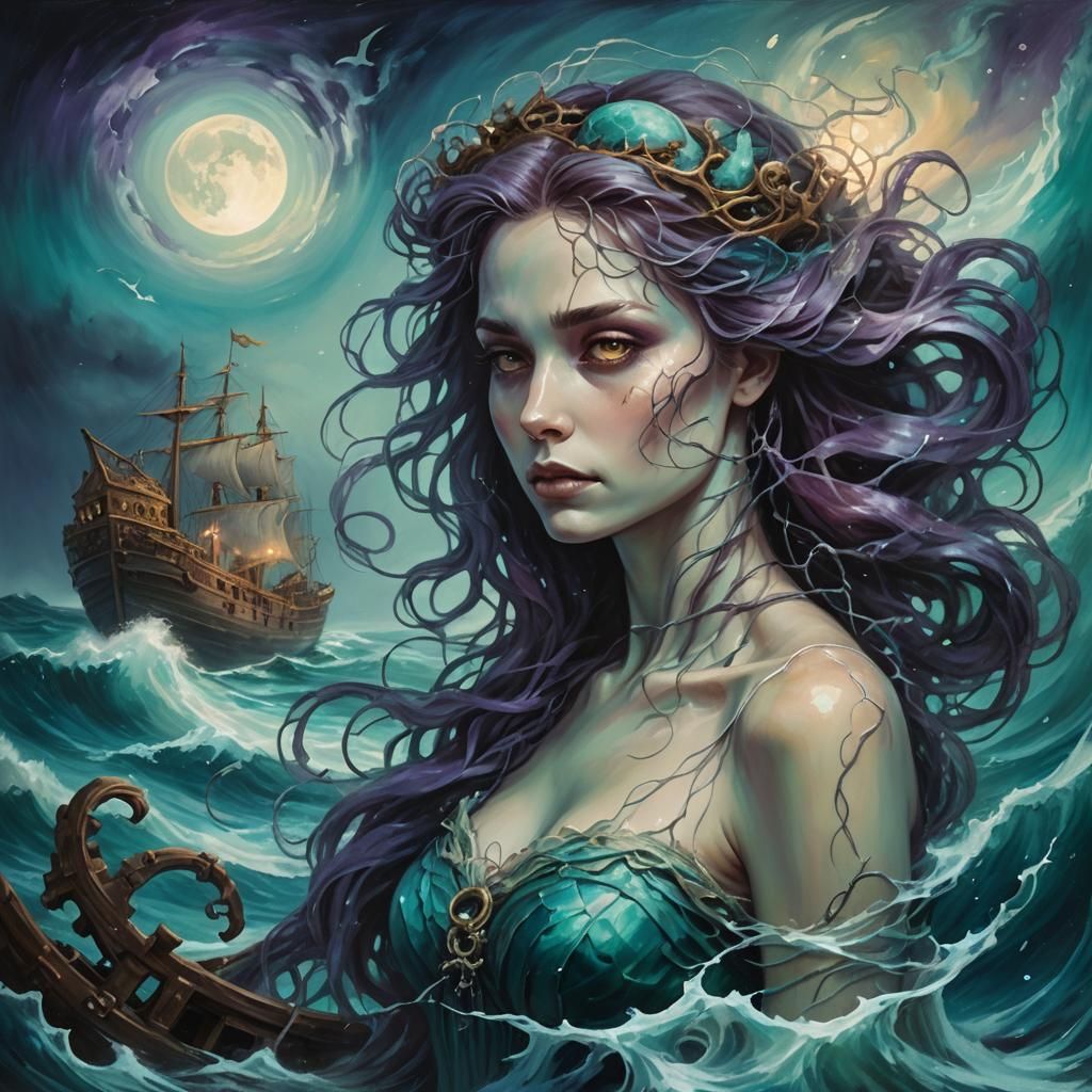 Ghostly Siren Entangled with Shipwreck: Oil Painting