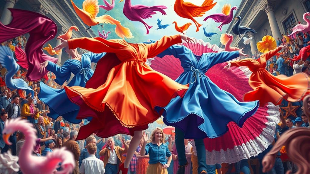 Dancing Clothes Collage in Detailed Matte Painting Style