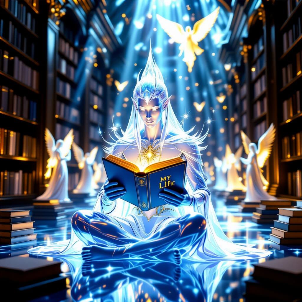 Crystalline Soul Reads Book in Cosmic Library
