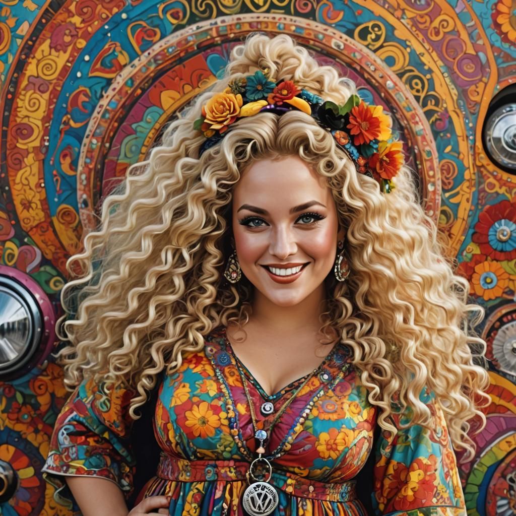 Beautiful Blonde Hippie Girl in 1960s Style