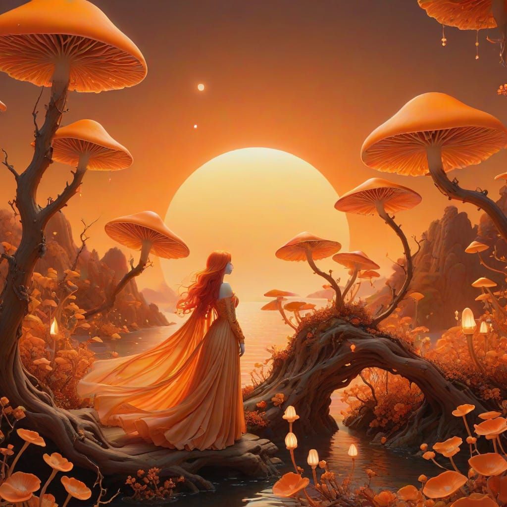 Vibrant Orange Dreamscape with Enchanted Woman