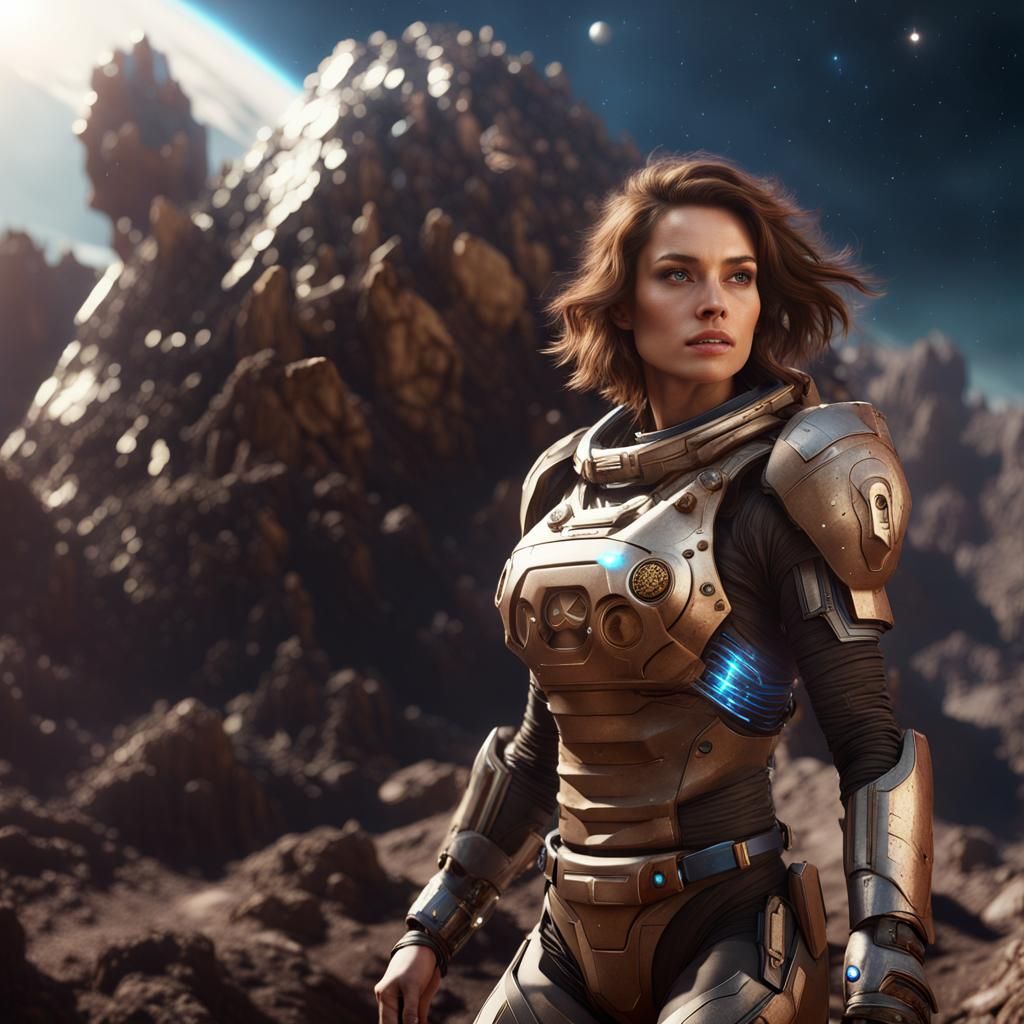 Astronaut Woman on Asteroid in Detailed Digital Painting