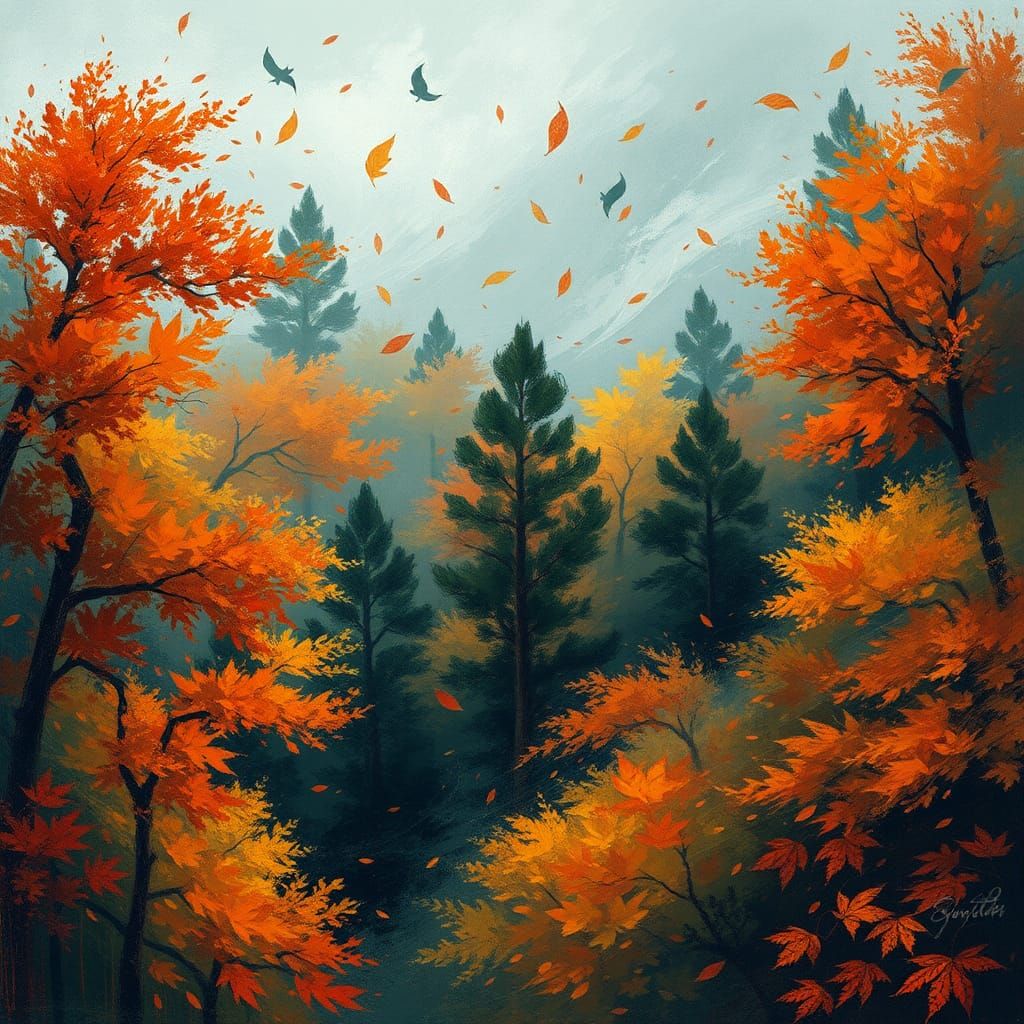 Autumn Wind Sweeps Forest: Impressionistic Landscape