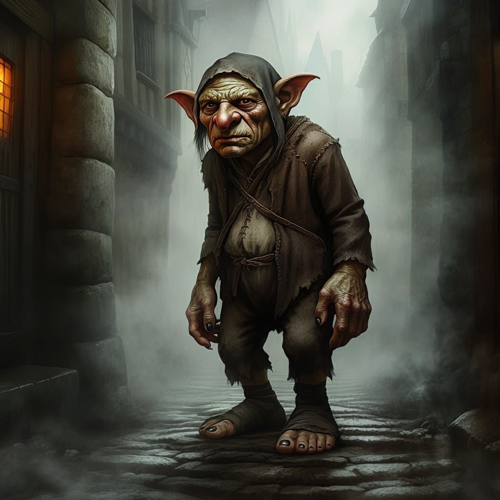 Grimy Goblin Peasant in Medieval Fantasy Alleyway