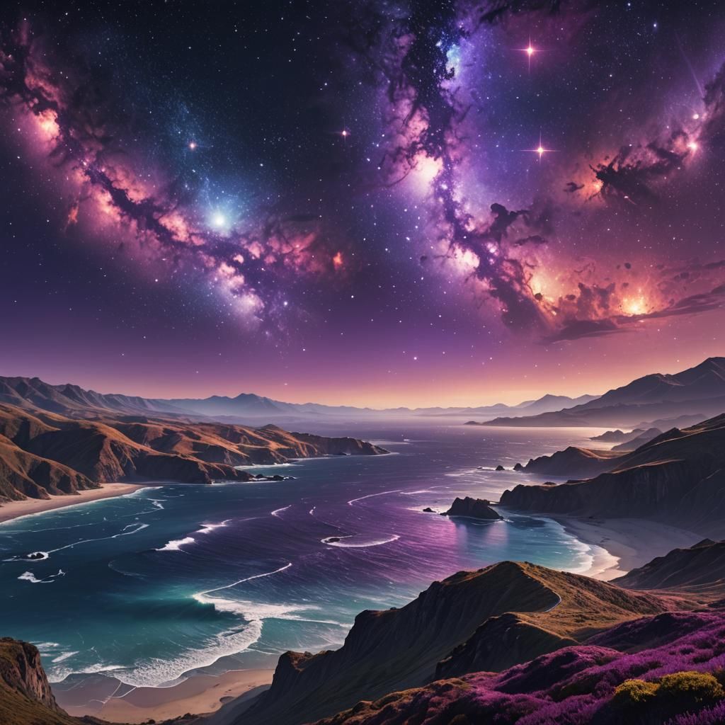 Luminescent Galaxy Over Ocean Landscape in Digital Painting