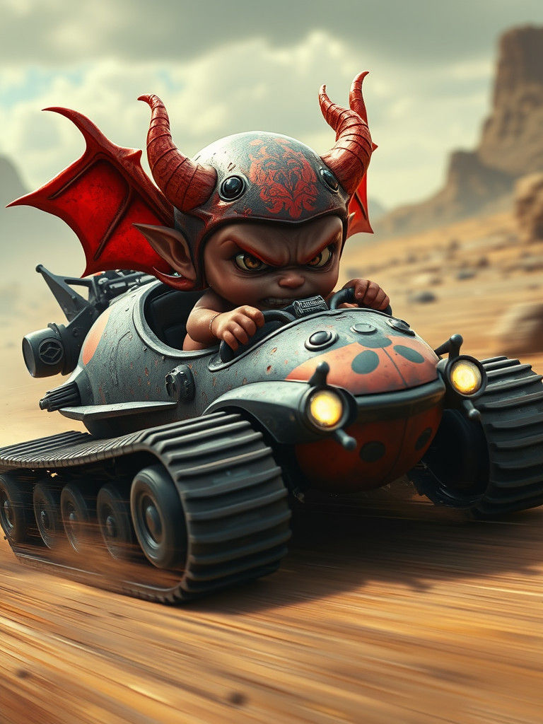 Chibi Devil Races Ladybug Tank in Apocalyptic Wasteland