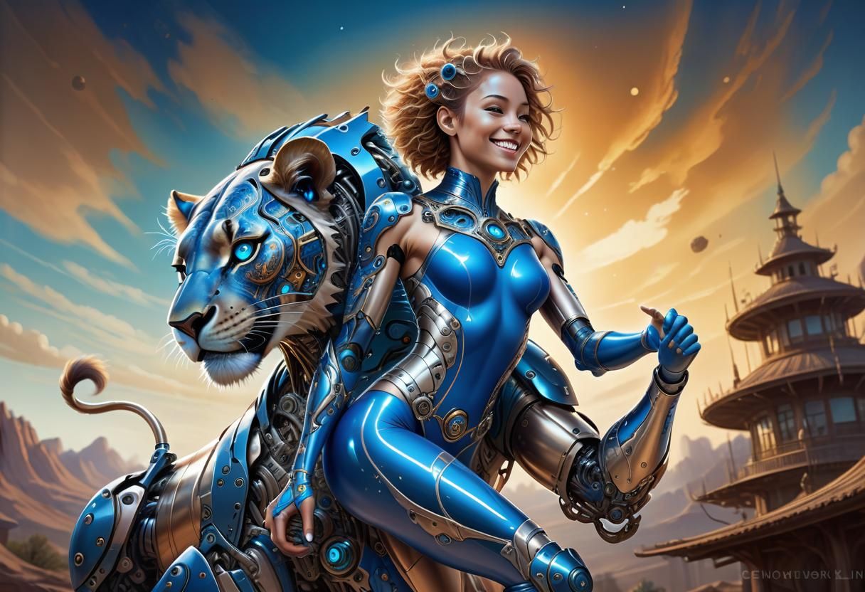 Cyborg Lioness Fusion in Alcohol Ink Style