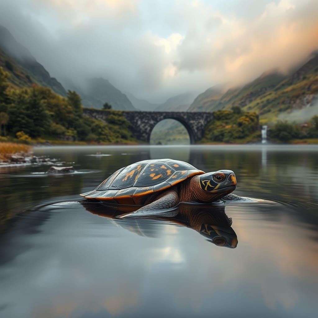 Serene Scottish Lochland with Turtle and Ancient Bridge