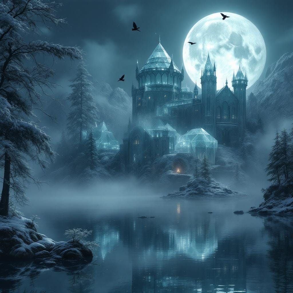 Crystal Castle on Misty Lake at Night