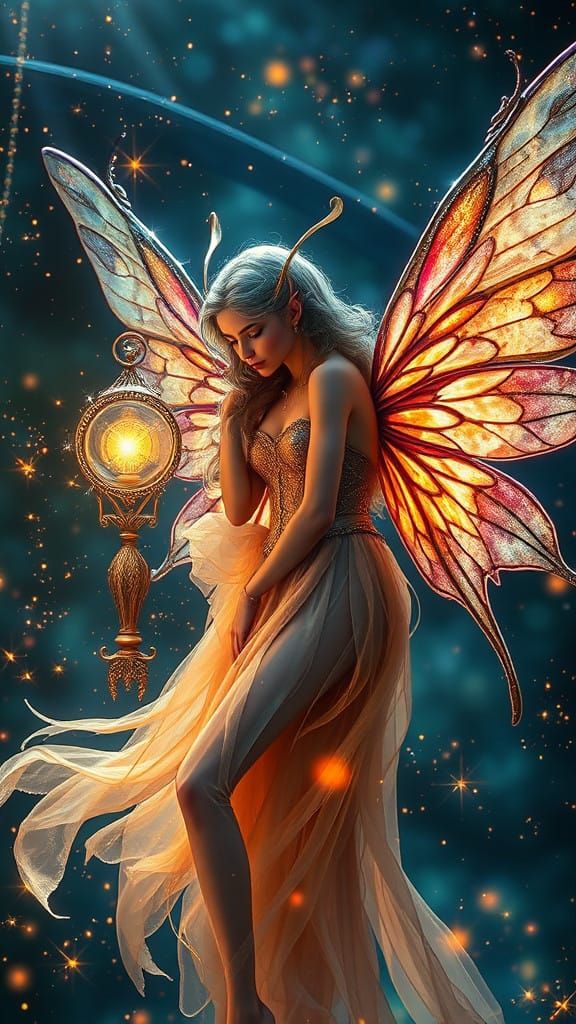 Midnight Silk Spectacle: Enchanting Dreamlike Fairy in a Vib...