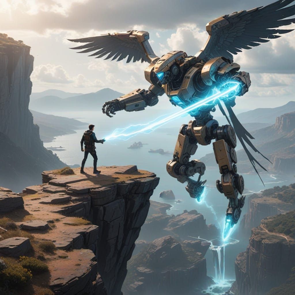 Mechanized Warrior Meets Valkyrie Spirit in Epic Cliffside E...