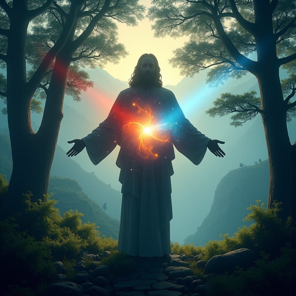 Jesus Silhouette in Cosmic Forest, Mystical Realism