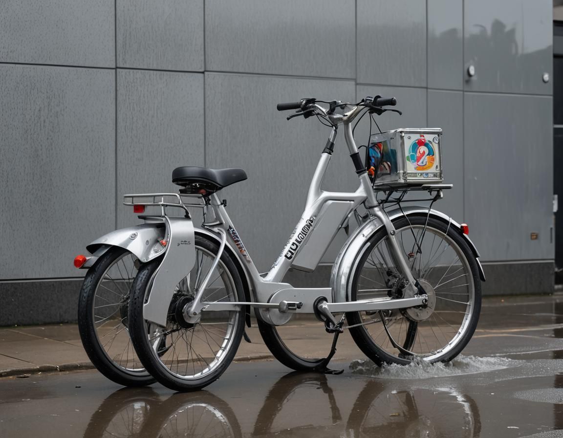 Electric Cargo Bike Reflects Sky in Rain Cap