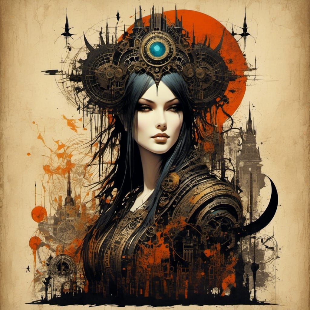 Gothic Chibi Cat in Watercolor on Vintage Paper