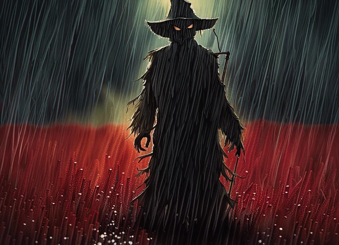 Rain-Soaked Scarecrow and Plow in Field