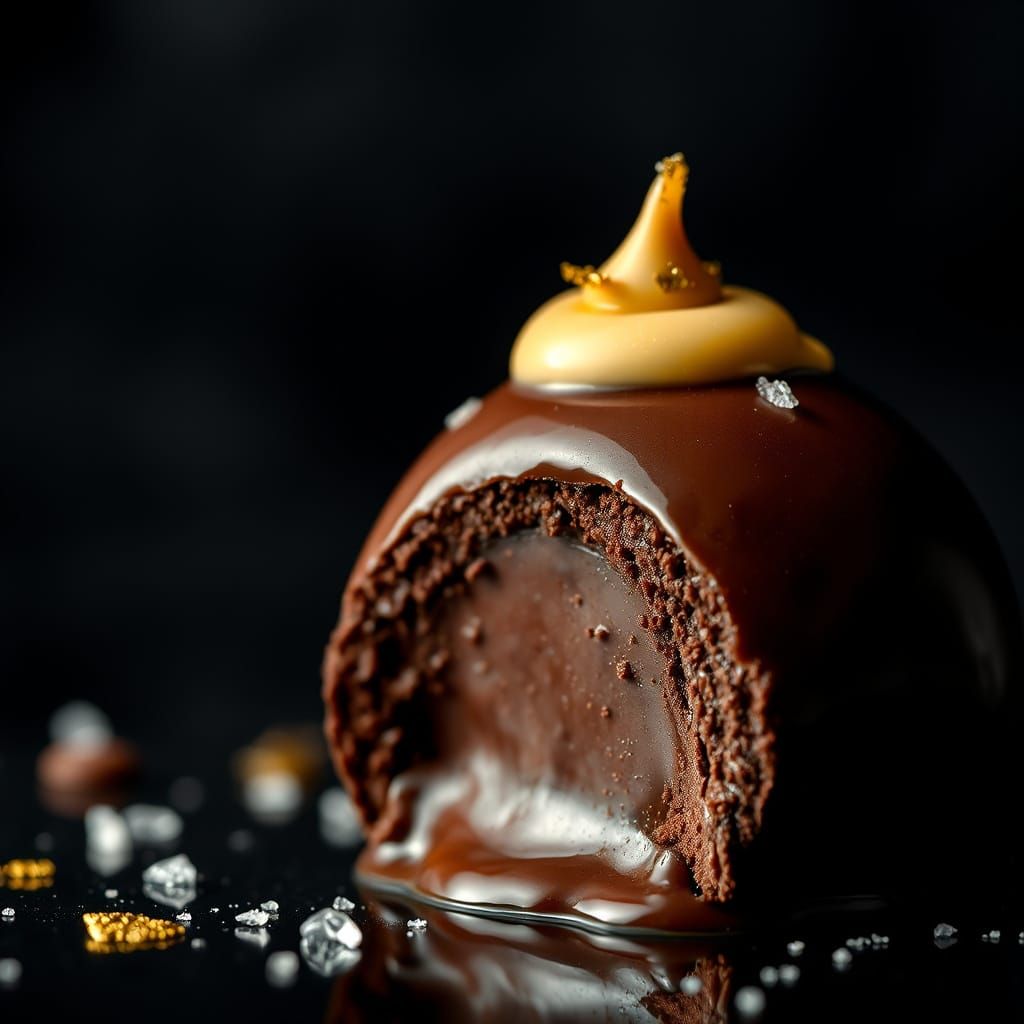 Hyperrealistic Melting Chocolate Truffle with Gold Leaf