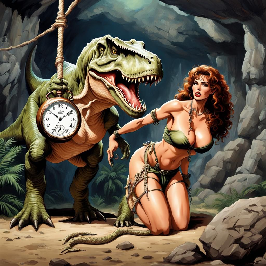 Cavewoman Held Captive as T-Rex Observes