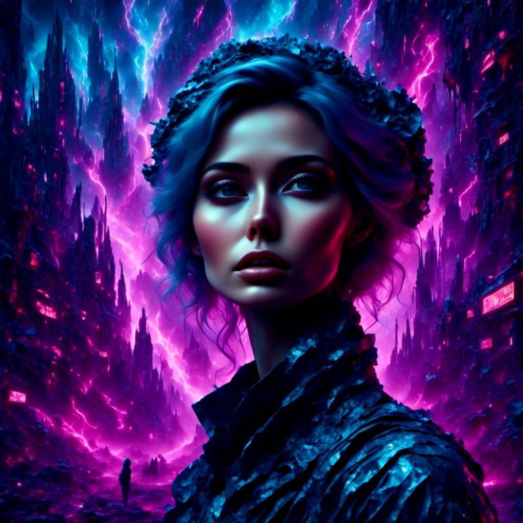 Woman Lost in Thought in Neon Cityscape