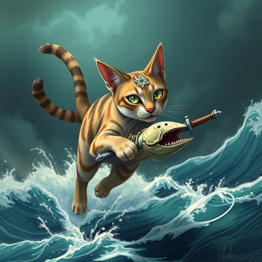 Agile Cat with Ocean Eyes and Desert Tail in Epic Landscape