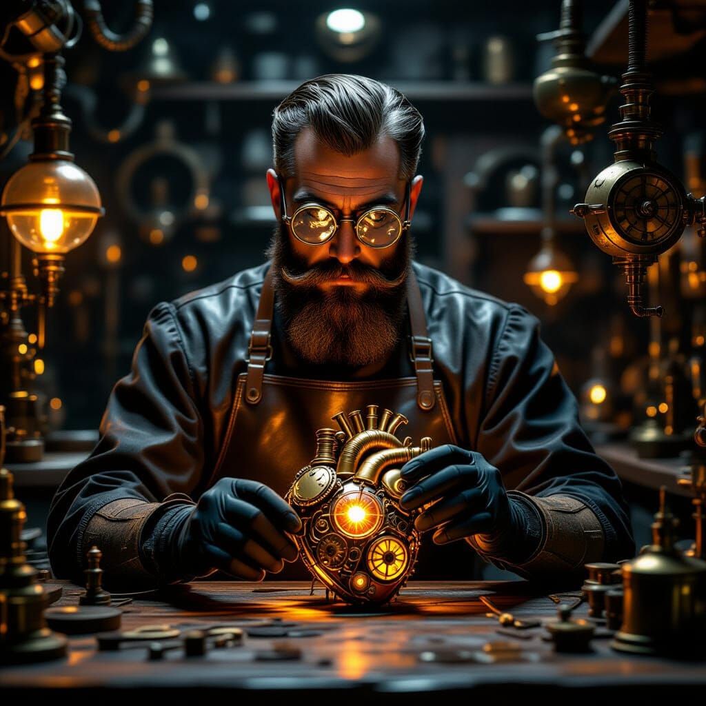 Steampunk Surgeon Repairs Mechanical Heart in Workshop