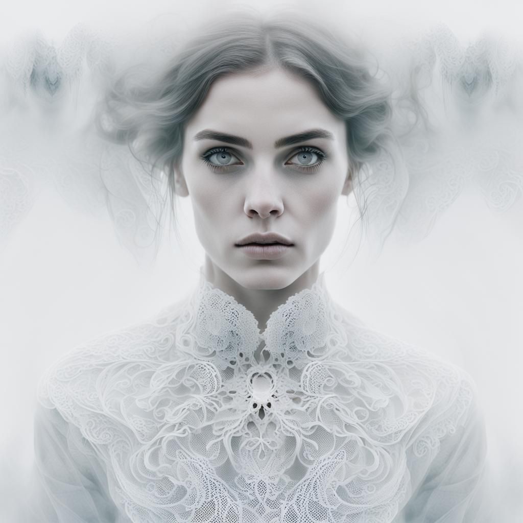 Ethereal Woman in White Mist: A Surreal Portrait