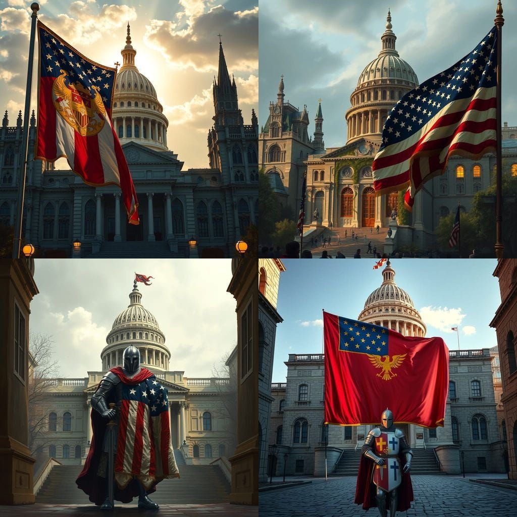 Medieval American Flag Before Ancient Capitol