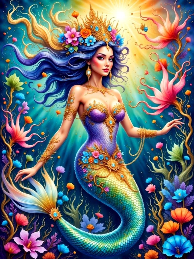 Ethereal Mermaid in Vibrant Watercolor Fantasy