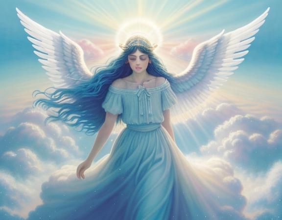 Majestic Angel in Clouds, Pointillism Style