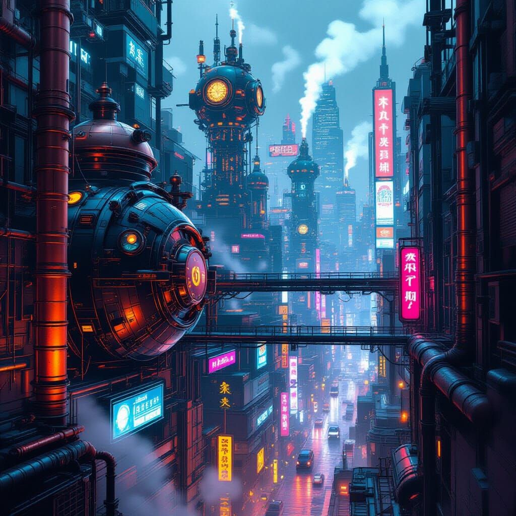 Cyberpunk Steampunk Cityscape with Neon Lights