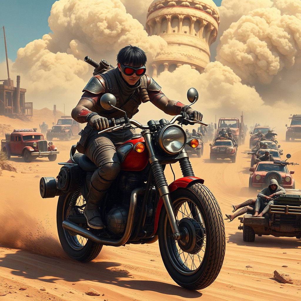 Kaneda's Motorcycle Escape in Wasteland Sandstorm