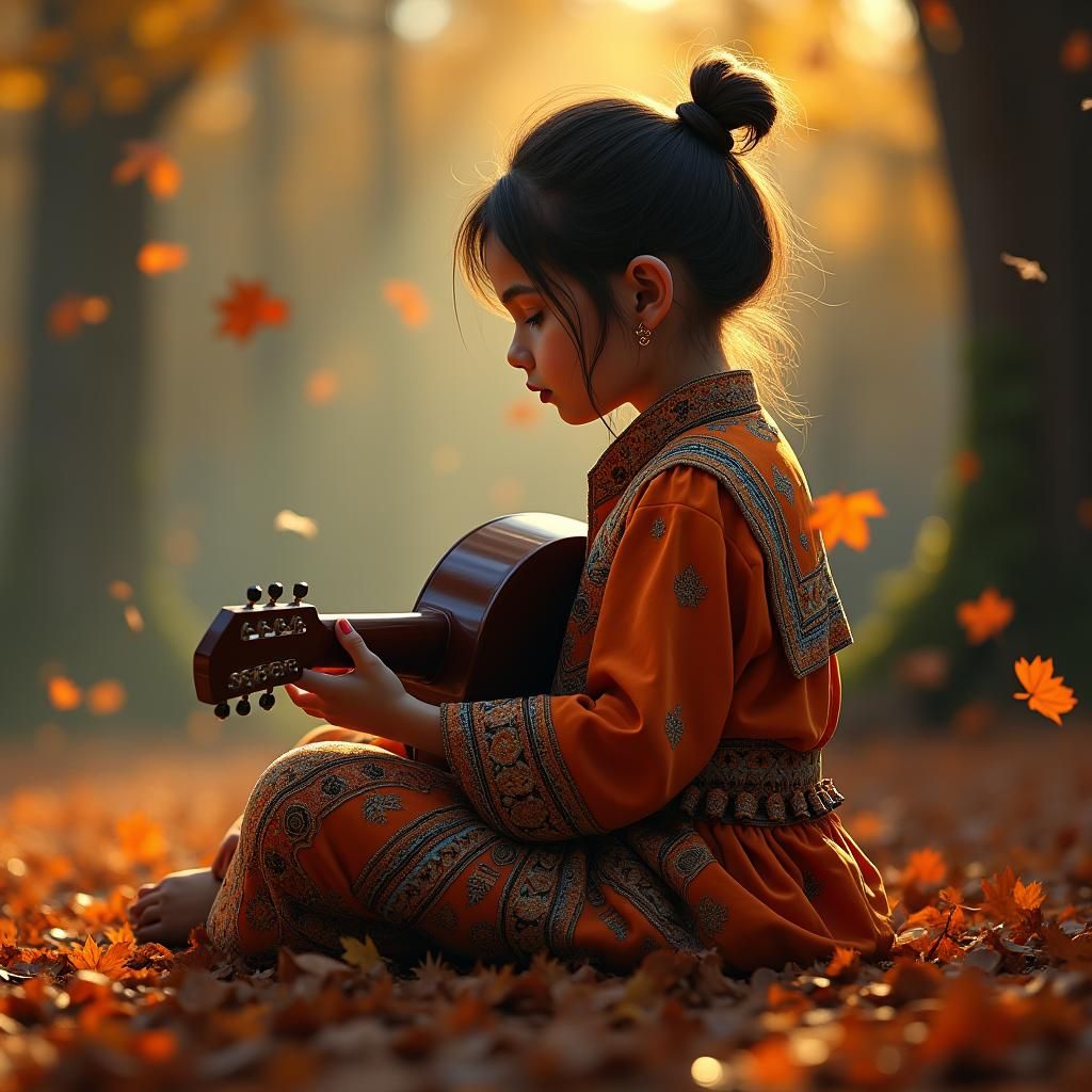 Girl in Autumn Leaves with Guitar, Mystical Realism