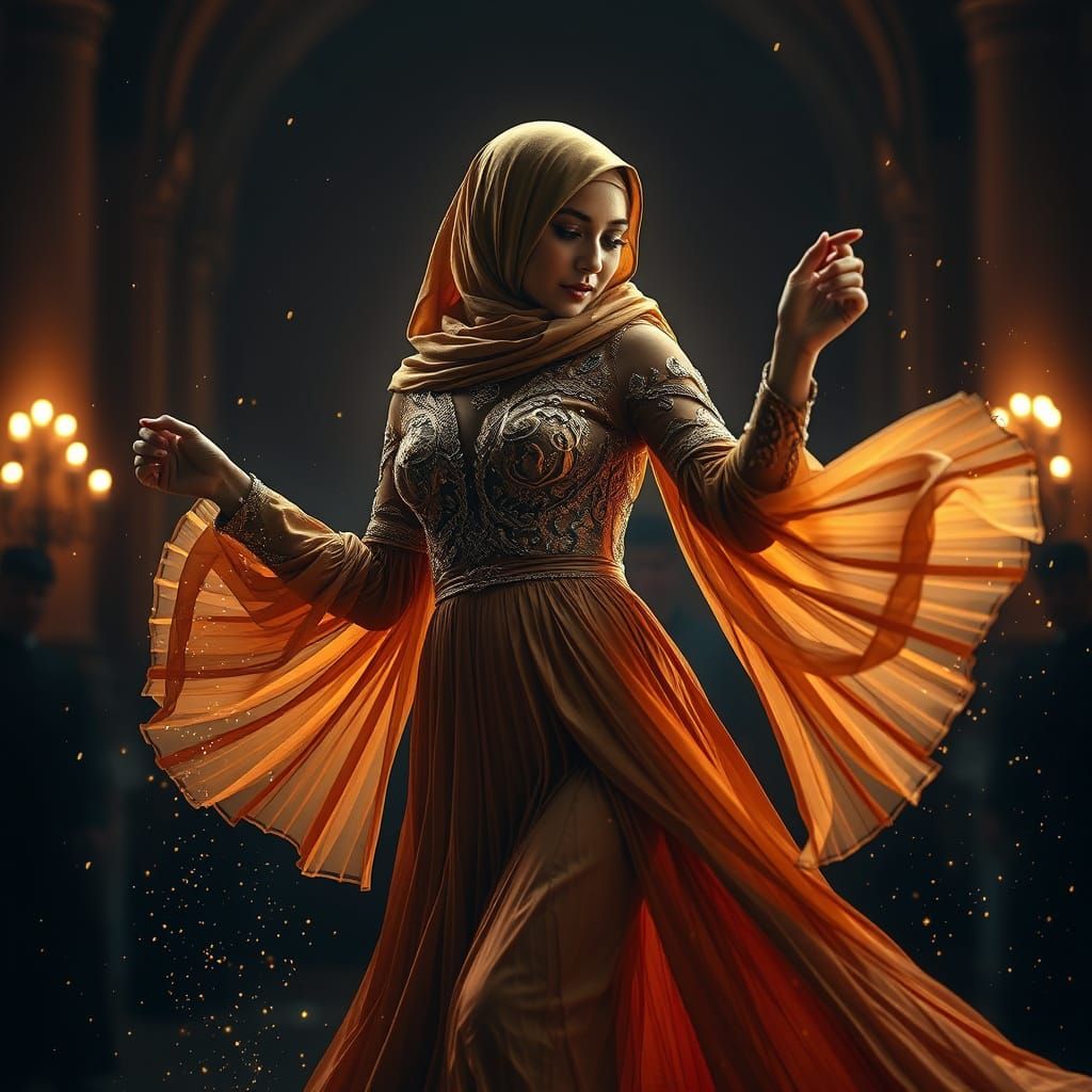 Woman in Gold Dress Dancing, Hyperrealistic Style