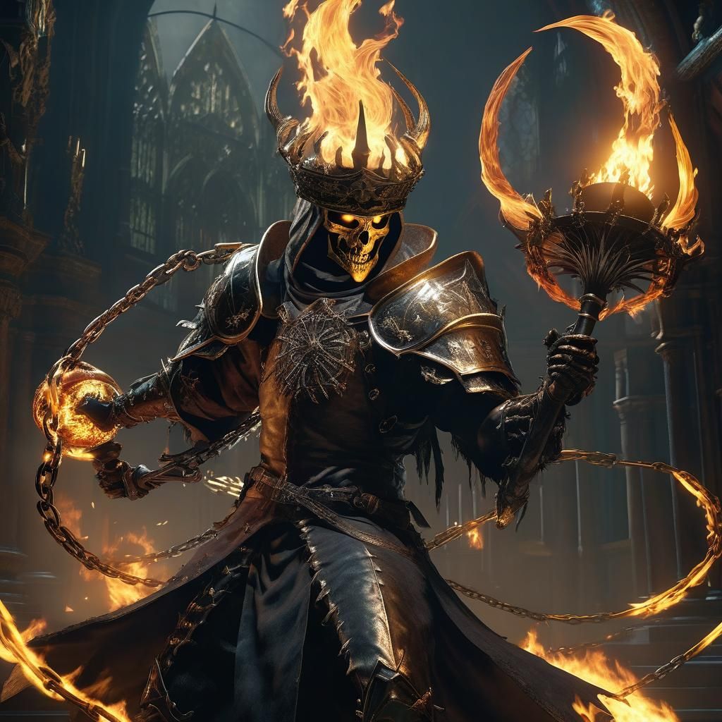 Fiery Lich with Mace in Dark Fantasy Style