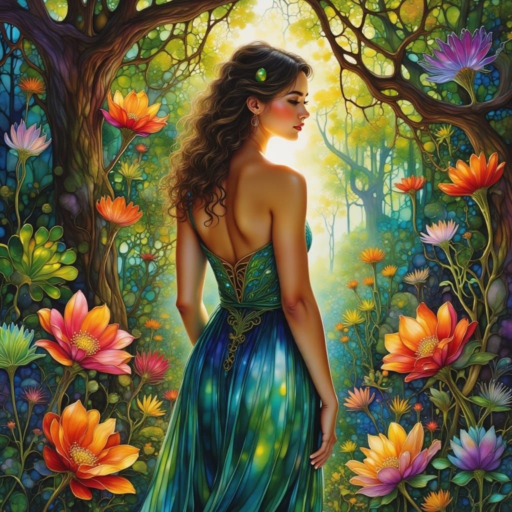 Woman in Lush Garden, Pre-Raphaelite Oil Painting