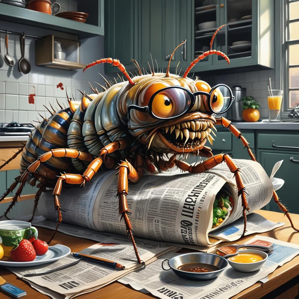 Anthropomorphic Centipede Reads Newspaper, Hyperrealistic Di...