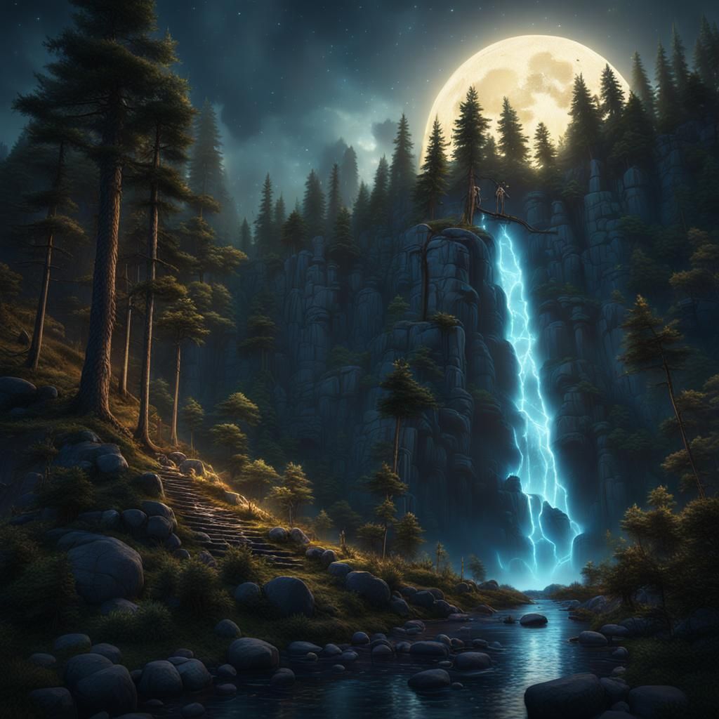 Moonlit Waterfall Matte Painting in Fantasy Forest