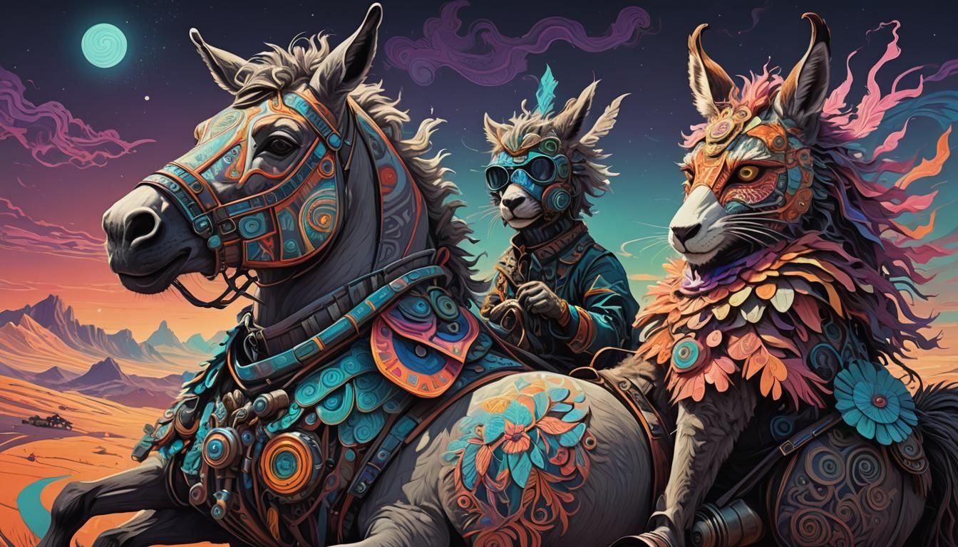 Masked Cat Bandit Rides a Donkey in Futuristic Landscape