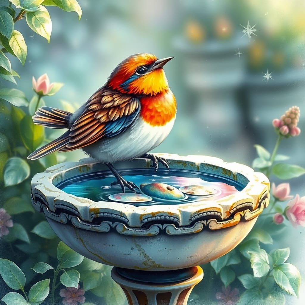 Fantasy Bird in Kaleidoscopic Bird Bath
