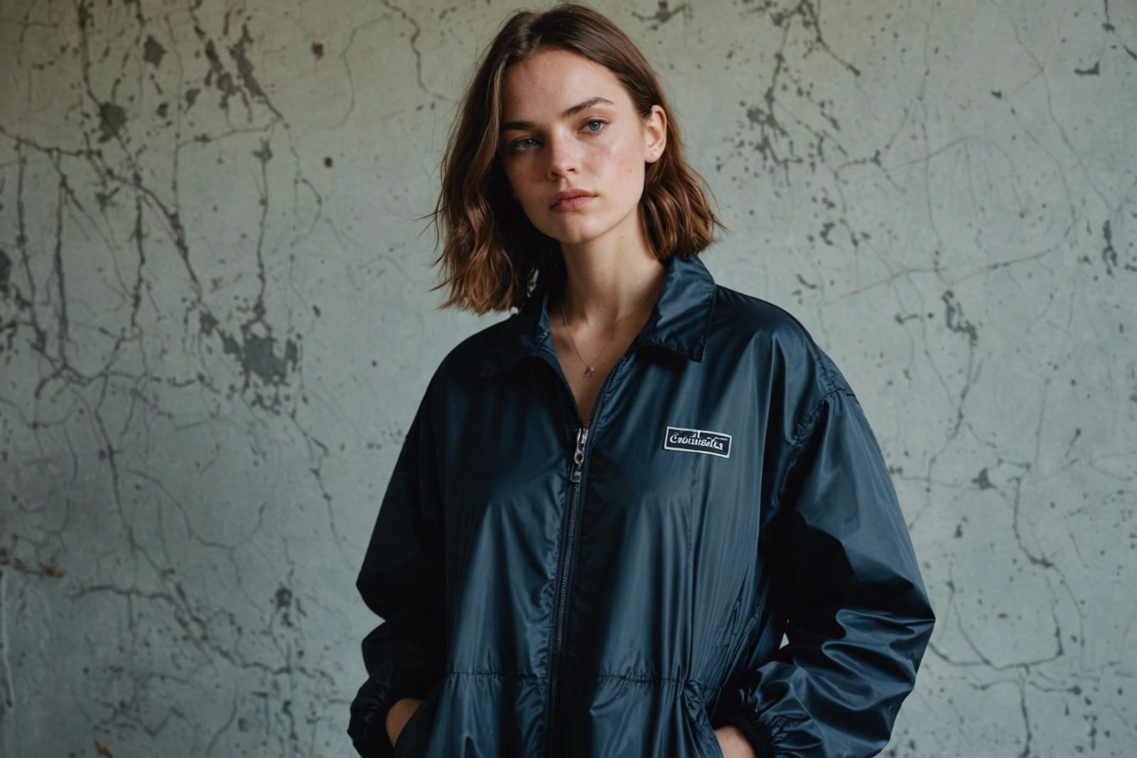 Young Woman in 90s Windbreaker, Boudoir Portrait