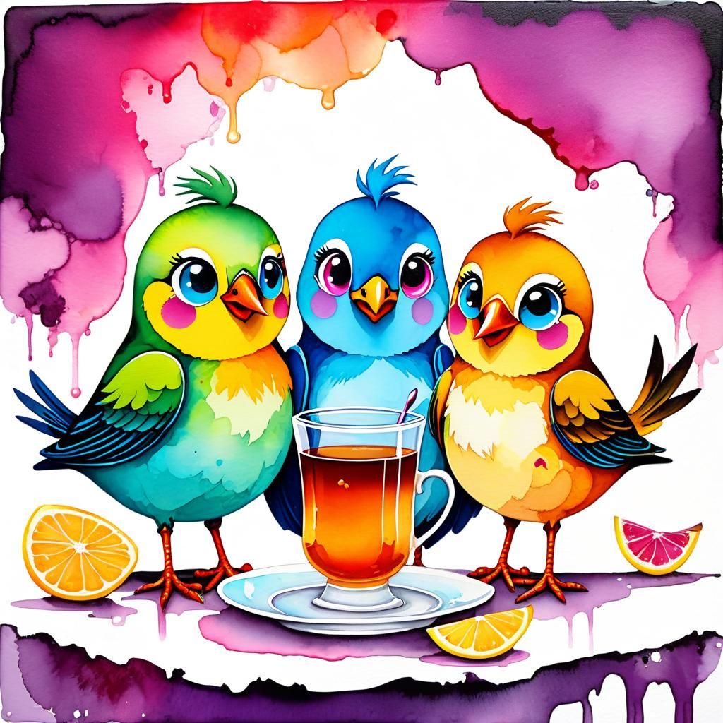 Birds' Tea Party in Vibrant Alcohol-Ink Style