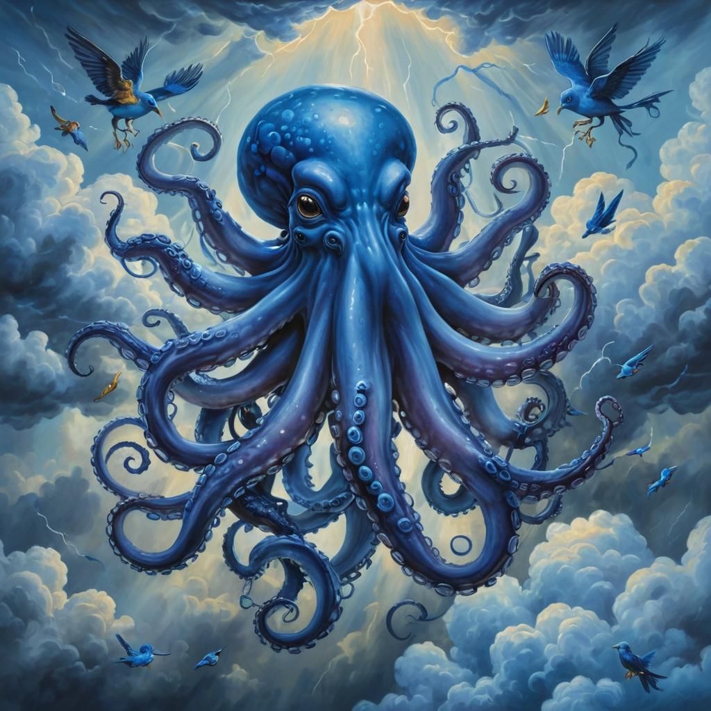 Surreal Blue Octopus in Dreamy Oil Painting